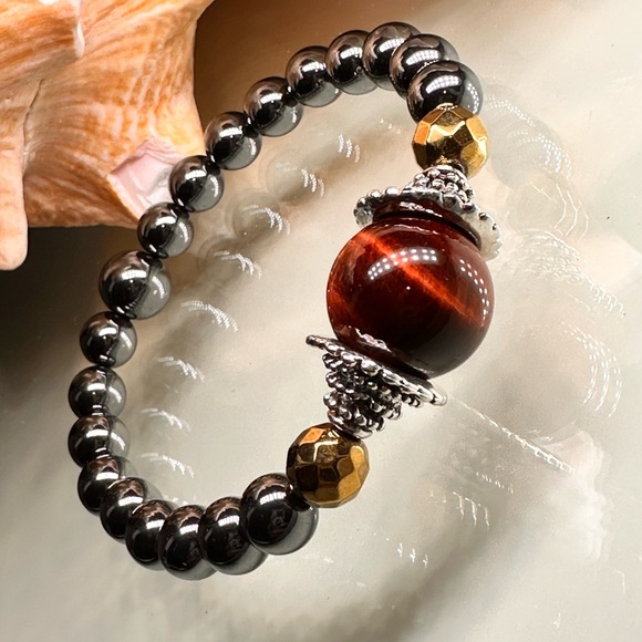 GUNPOWDER HEMATITE + TIGERS EYE NATURAL STONES BRACELET size 7” up to 7.5” - Picture 4 of 10